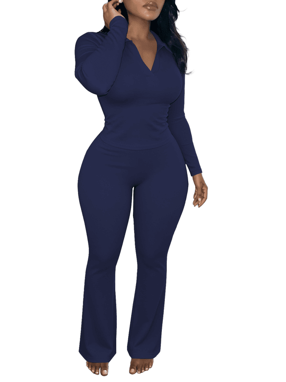 Women 2 Piece Matching Outfits Slim Fit V Neck Polo Long Sleeve Top Flare Pants Lightweight Breathable Elastic Stretch Tracksuit Bodycon Loungewear Casual Office Set Deep Blue 2XL