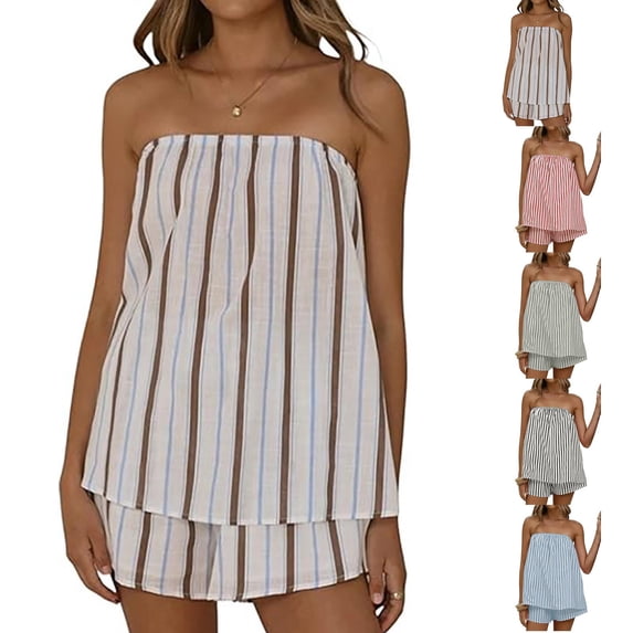 Women 2 Piece Matching Sets Striped Tube Top Shorts Sets Summer Vacation Outfits Y2K Going Out Top Coffee M