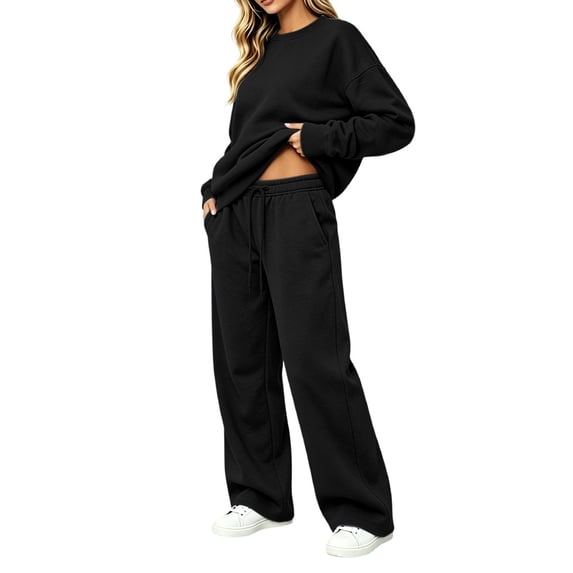 Women 2‑Piece Matching Sweat Outfit, Crew Neck Long‑Sleeve Oversized Sweatshirt & Drawstring Wide‑Leg Sweatpants, Casual Loose‑Fit Fall Loungewear Tracksuit Set