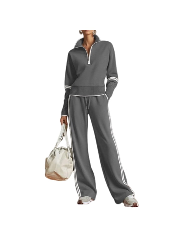 Women 2 Piece Matching Sweatsuit Outfits Quarter Zip Collar Sweatshirt High Waist Sweatpants Soft Comfy Fall Winter Casual Tracksuit