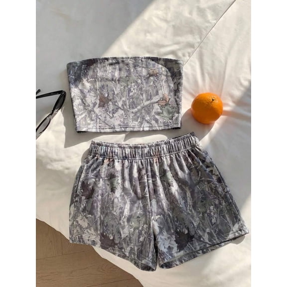 Women 2 Piece Outfit Allover Print Bandeau Top Elastic Waist Shorts Casual Streetwear Vacation Set