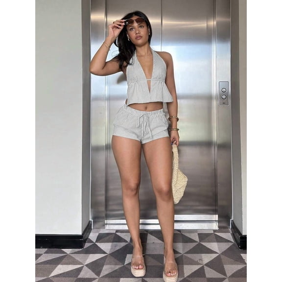Women 2 Piece Outfit Deep V Halter Backless Peplum Top Drawstring Waist Loose Shorts Resort Matching Set