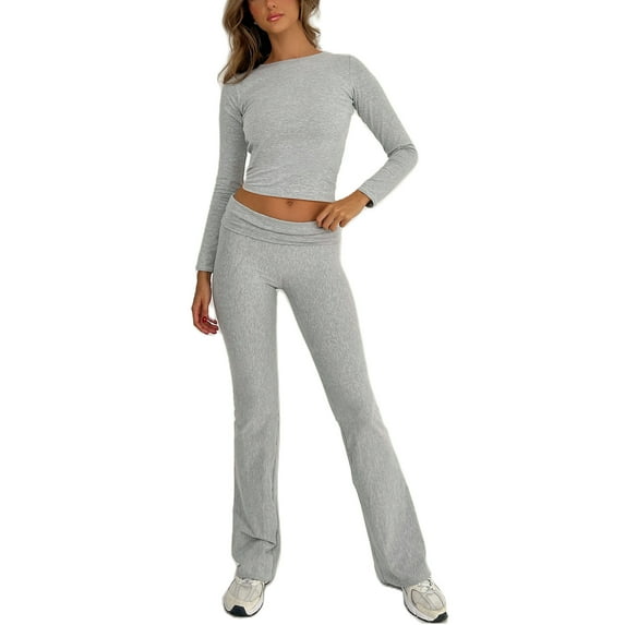 Women 2 Piece Outfit Long Sleeve Crew Neck Crop Top and Low Waist Yoga Pants Set Exercise Tracksuit