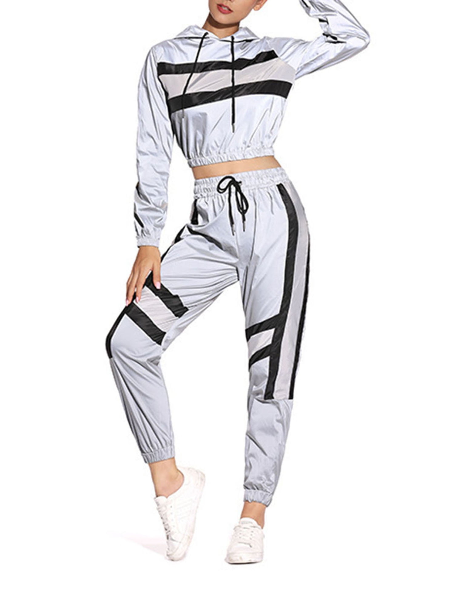 Women 2 Piece Outfit Reflective Tracksuit Lightweight Windbreaker Hooded  Jacket and High Waist Pants 