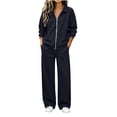thumbnail image 1 of Women 2 Piece Outfit Set Solid Color Zip up Collared Long Sleeve Top Elastic Waist Wide Leg Pants Loose Casual Tracksuit Loungewear Set with Pockets Dark Blue, 1 of 8