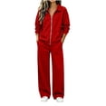 thumbnail image 1 of Women 2 Piece Outfit Set Solid Color Zip up Collared Long Sleeve Top Elastic Waist Wide Leg Pants Loose Casual Tracksuit Loungewear Set with Pockets Red, 1 of 8