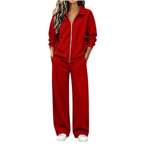 Women 2 Piece Outfit Set Solid Color Zip up Collared Long Sleeve Top Elastic Waist Wide Leg Pants Loose Casual Tracksuit Loungewear Set with Pockets Red