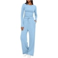 thumbnail image 1 of Women 2 Piece Outfit Sets, Crew Neck Long Sleeve Ruched Crop Top with Thumb Holes, Elastic Drawstring Wide Leg Pants with Side Pockets Soft Loungewear Tracksuit Light Blue,M, 1 of 6