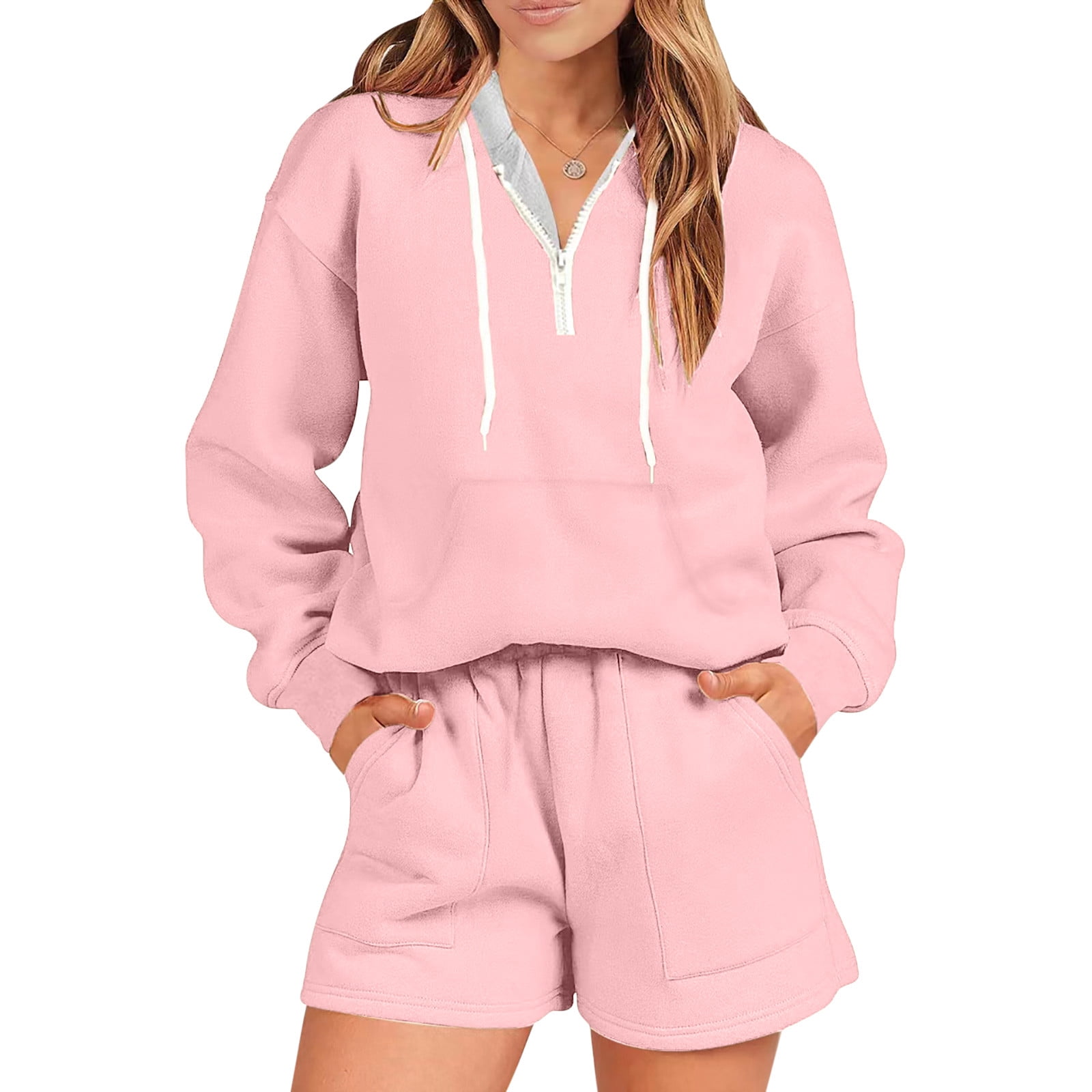 Women 2 Piece Outfit Short Sweatsuit Drawstring Oversized Hoodie Sweatshirt and Shorts Tracksuit Lounge Matching Set Walmart