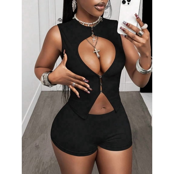 Women 2 Piece Outfit Sleeveless Hollow Out Zip Front Top High Waist Shorts Club Party Set