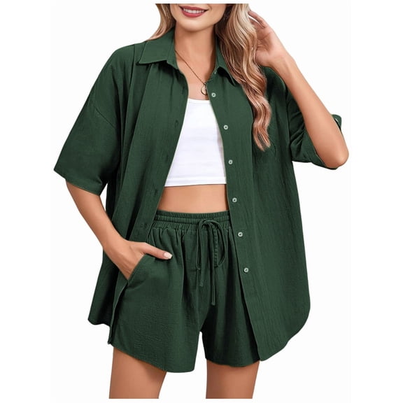 Women 2 Piece Outfit Summer Short Sleeve Top and Shorts Sweatsuit Set Dark Green S