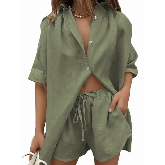 Women 2 Piece Outfit Summer Short Sleeve Top and Shorts Sweatsuit Set  Green S