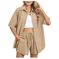 thumbnail image 1 of Women 2 Piece Outfit Summer Short Sleeve Top and Shorts Sweatsuit Set Khaki L, 1 of 6