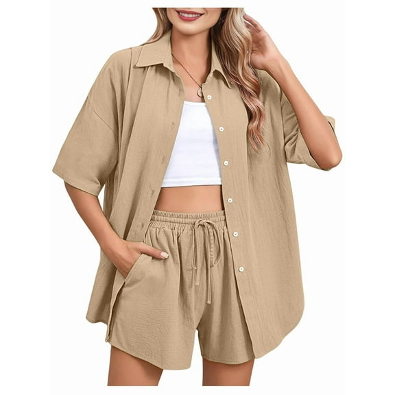 Women 2 Piece Outfit Summer Short Sleeve Top and Shorts Sweatsuit Set Khaki L