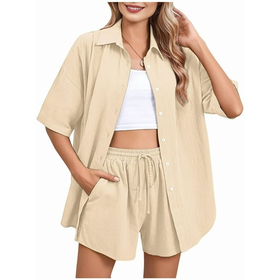 Women 2 Piece Outfit Summer Short Sleeve Top and Shorts Sweatsuit Set Light  Color S
