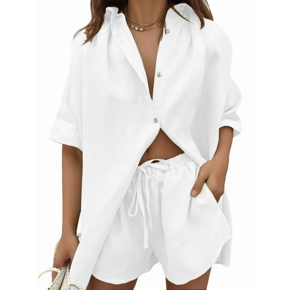 Women 2 Piece Outfit Summer Short Sleeve Top and Shorts Sweatsuit Set White XL
