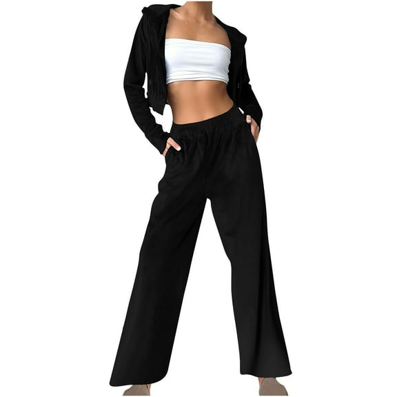 Women 2 Piece Outfit Workout Hoodie Sweatsuits with Sweatpant Zip Up Hoodies Gold Velvet Suits Solid Color Tracksuits (Black L)