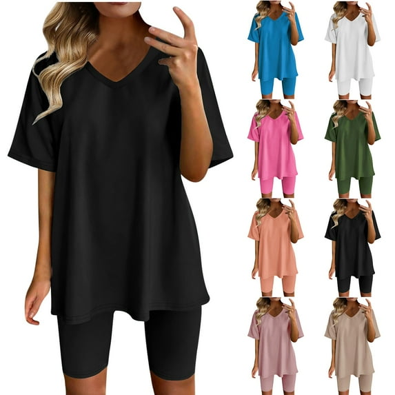 Women 2 Piece Outfit sets Summer Casual Oversized T-Shirt Tops Biker Shorts Loose Workout Sports Tracksuit