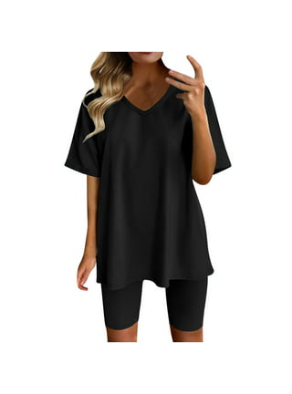 2 Piece Outfits for Women Shorts Sets Summer V Neck Loose T-Shirt Top and Short  Leggings Workout Biker Tracksuit (Small, Black) 