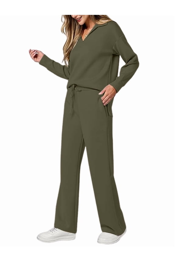 Women 2 Piece Outfits 2025 Fall Fashion Wide Leg Pants Lounge Set Leisure Travel Vacation Sweatsuits Green XXL