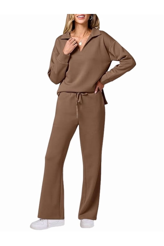 Women 2 Piece Outfits 2025 Fall Fashion Wide Leg Pants Lounge Set Leisure Travel Vacation Sweatsuits Brown M