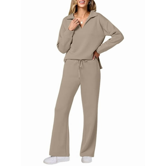 Women 2 Piece Outfits 2025 Fall Fashion Wide Leg Pants Lounge Set Leisure Travel Vacation Sweatsuits Deep Khaki L