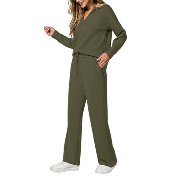 Women 2 Piece Outfits 2025 Fall Fashion Wide Leg Pants Lounge Set Leisure Travel Vacation Sweatsuits  Green S