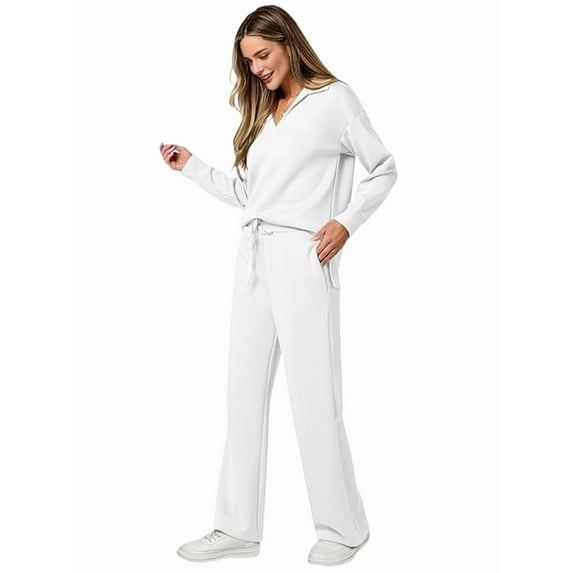 Women 2 Piece Outfits 2025 Fall Fashion Wide Leg Pants Lounge Set Leisure Travel Vacation Sweatsuits White L