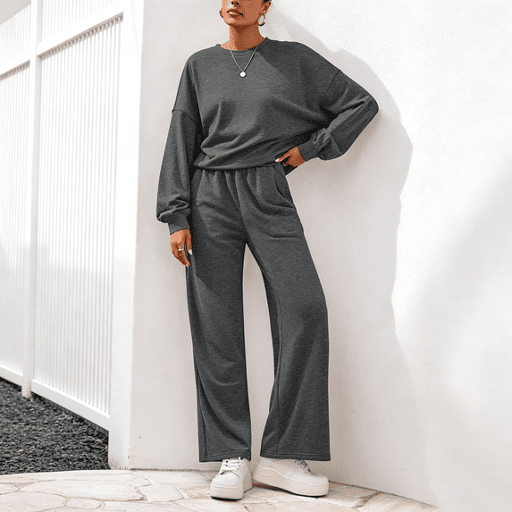 Women 2 Piece Outfits Fall Sweatsuits Crewneck Sweatshirt Wide Leg Sweatpants Lounge Sets Tracksuit