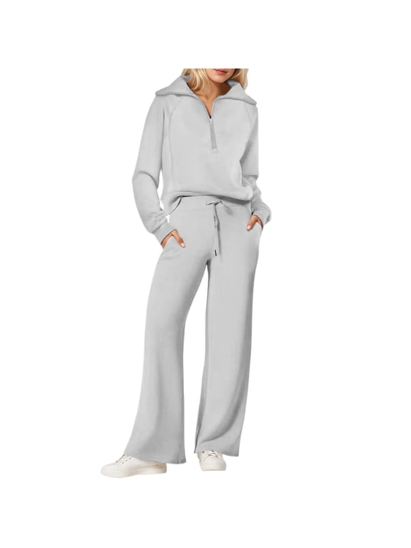 Women 2 Piece Outfits 2026 Spring Fall Fashion Airport Wide Leg Pants Lounge Set Leisure Travel Vacation Clothes Sweatsuits