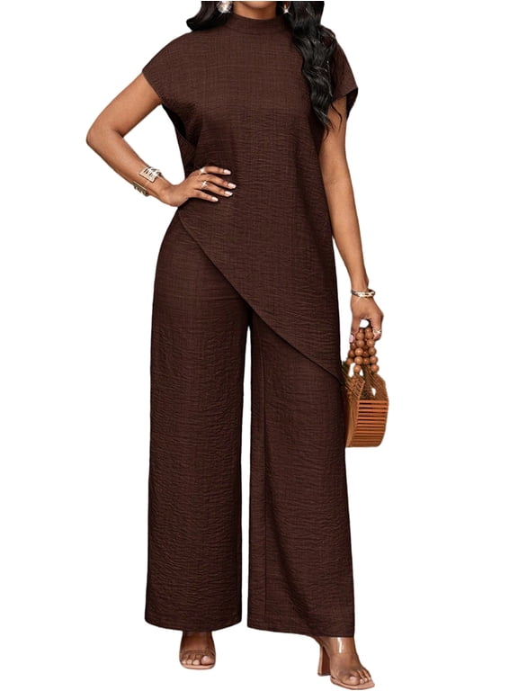 Women 2 Piece Outfits Asymmetrical Top Wide Leg Pants Matching Sets Brown M