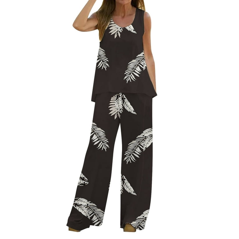 Women 2 Piece Outfits Boho Casual Printed Vest Sleeveless Top Loose Wide  Leg Pants Trousers Two Piece Set Suit Designer Suits for Women Party Wear Womens  plus Size Pantsuit 