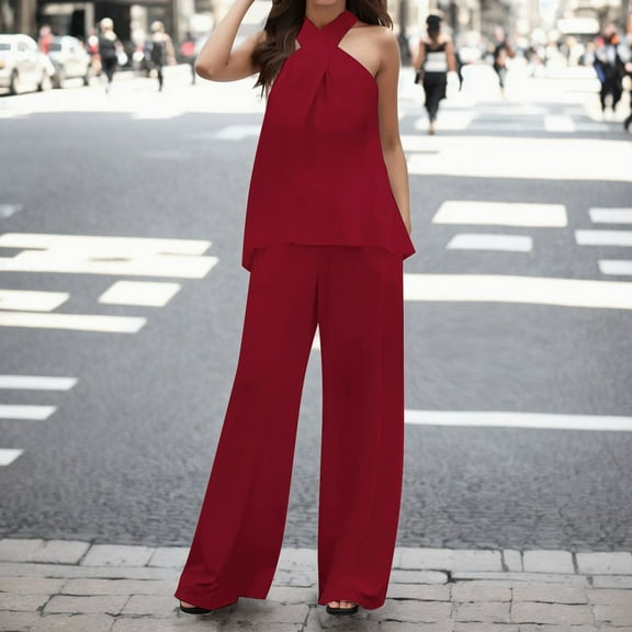 Women 2 Piece Outfits Boho Casual Solid Color Hanging Neck Sleeveless Top Loose Wide Leg Pants Trousers Two Piece Set Suit Wedding Guest Dresses for Women plus Rompers for Women Minimal Jumpsuit