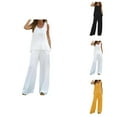 thumbnail image 1 of Women 2 Piece Outfits Boho Casual Solid Color Vest Sleeveless Top Loose Wide Leg Pants Trousers Two Piece Set Suit Ladies Summer Pants, 1 of 8