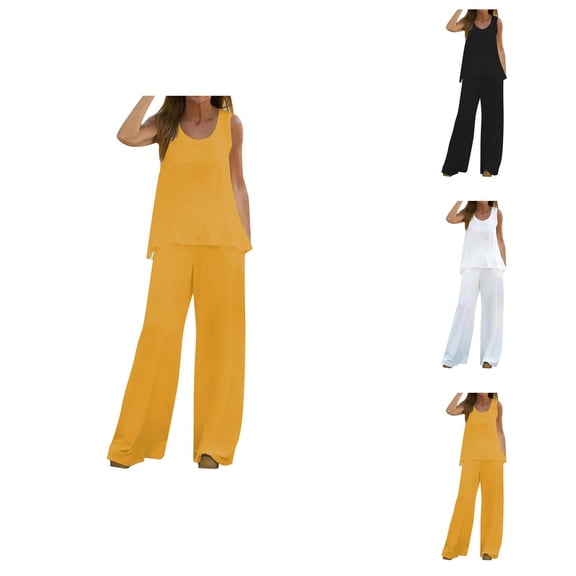 Women 2 Piece Outfits Boho Casual Solid Color Vest Sleeveless Top Loose Wide Leg Pants Trousers Two Piece Set Suit Summer Pants Women