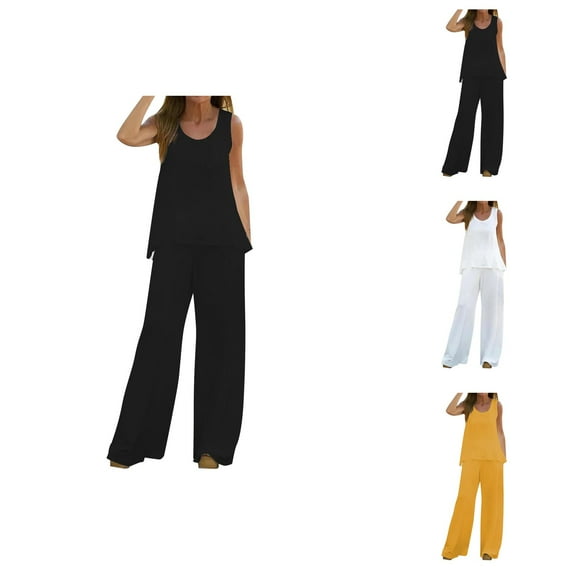Women 2 Piece Outfits Boho Casual Solid Color Vest Sleeveless Top Loose Wide Leg Pants Trousers Two Piece Set Suit Womens Capris Casual