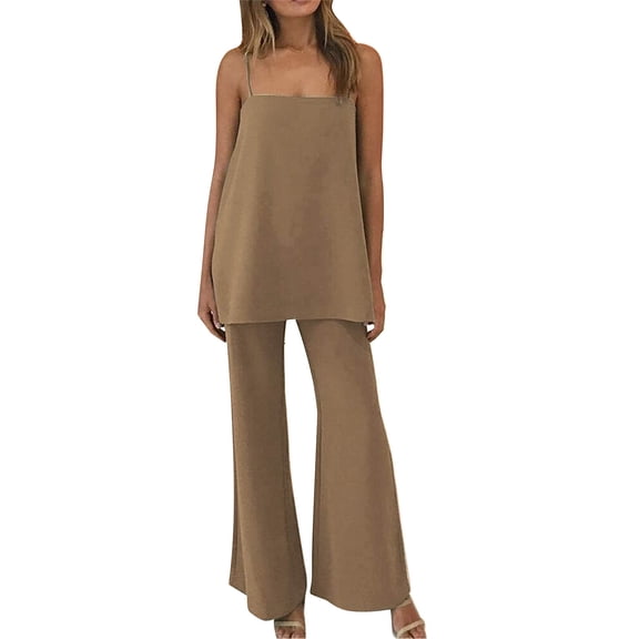 Women 2 Piece Outfits Boho Casual Solid Color Vest Sleeveless Top Loose Wide Leg Pants Trousers Two Piece Set Suit