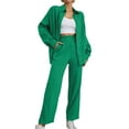 thumbnail image 1 of Women 2 Piece Outfits Casual Long Sleeve Loose Fit Button Down Shirts Blouses Tops Wide Leg Long Pants Sets 6 piece pajama set for women shorts, 1 of 5