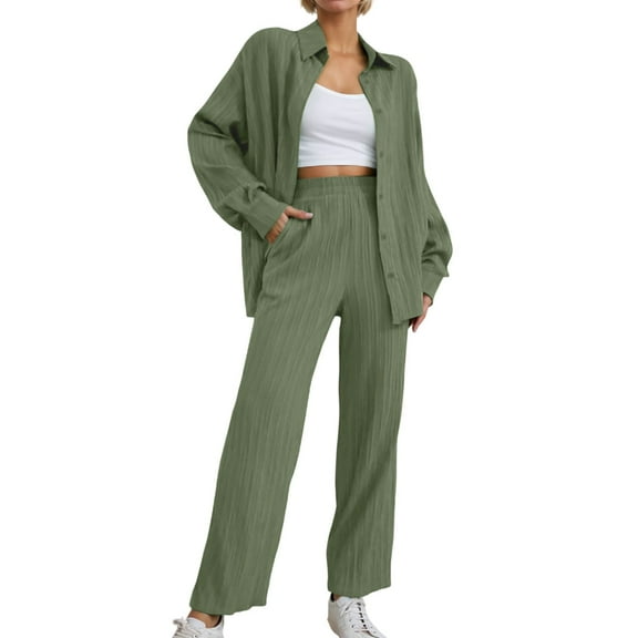 Women 2 Piece Outfits Casual Long Sleeve Loose Fit Button Down Shirts Blouses Tops Wide Leg Long Pants Sets 6 piece womens pajama set