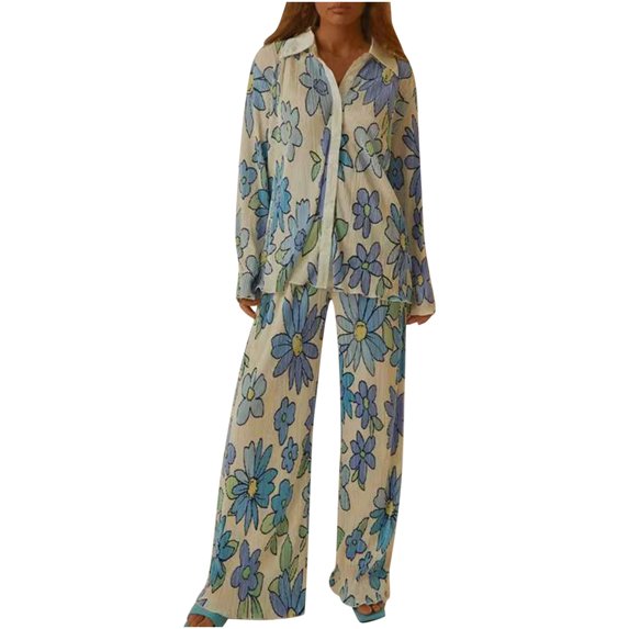 Women 2 Piece Outfits Casual Long Sleeve Loose Fit Button Down Shirts Blouses Tops Wide Leg Long Pants Sets Loungewear