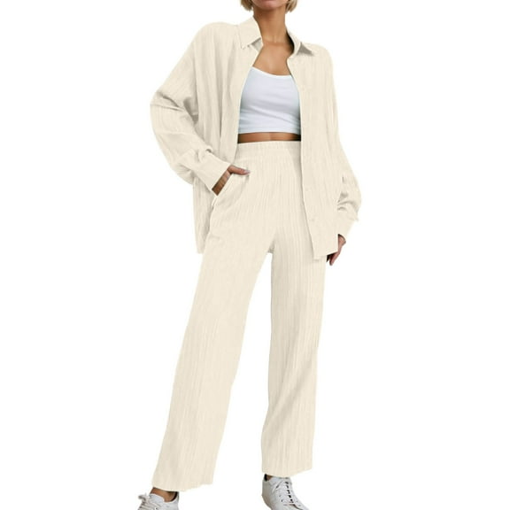 Women 2 Piece Outfits Casual Long Sleeve Loose Fit Button Down Shirts Blouses Tops Wide Leg Long Pants Sets women's pajama set