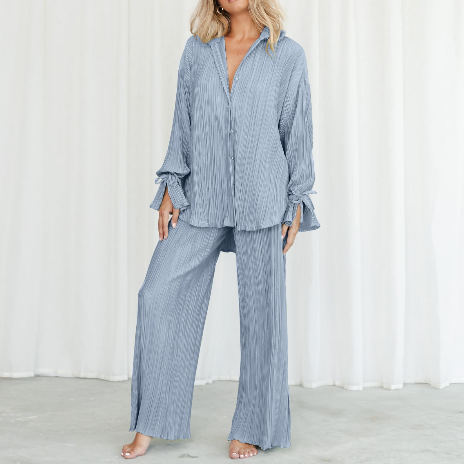 Plus Size Summer Outfits for Women 2 Piece Linen Sets Long Sleeve Button  Down Shirt and Wide Leg Pants Loose Fit Solid Streetwear Suits