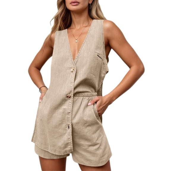 Women 2 Piece Outfits Casual Shorts Set Sleeveless V Neck Button Down Tank Tops & Shorts Tracksuit