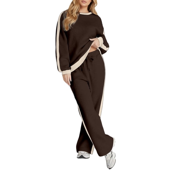 Women 2 Piece Outfits Color Block Sweatsuit Casual Lounge Matching Sets Brown XXL