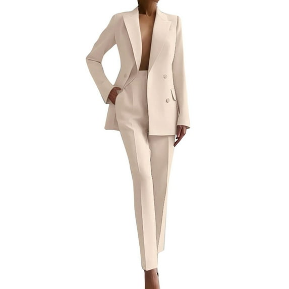 Women 2 Piece Outfits Double Breasted Blazer and Straight Leg Work Pants Casual Dressy Business Suits Apricot XXL