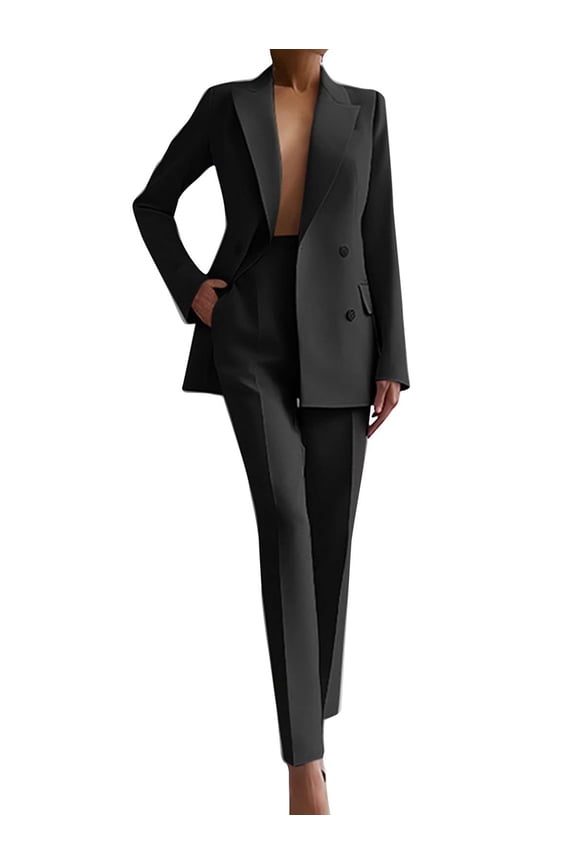 Women 2 Piece Outfits Double Breasted Blazer and Straight Leg Work Pants Casual Dressy Business Suits Black L