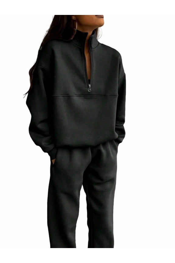 Women 2 Piece Outfits Fall Fashion Airport Wide Leg Pants Lounge Set Leisure Travel Vacation Sweatsuits Black S
