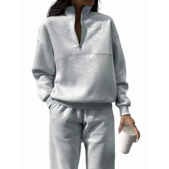 Women 2 Piece Outfits Fall Fashion Airport Wide Leg Pants Lounge Set Leisure Travel Vacation Sweatsuits Light Gray M