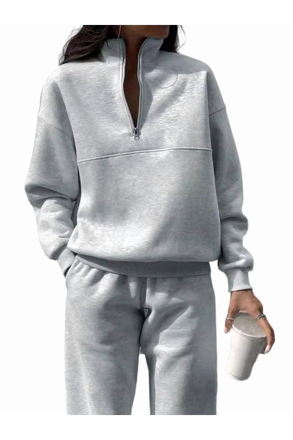 Women 2 Piece Outfits Fall Fashion Airport Wide Leg Pants Lounge Set Leisure Travel Vacation Sweatsuits Light Gray M