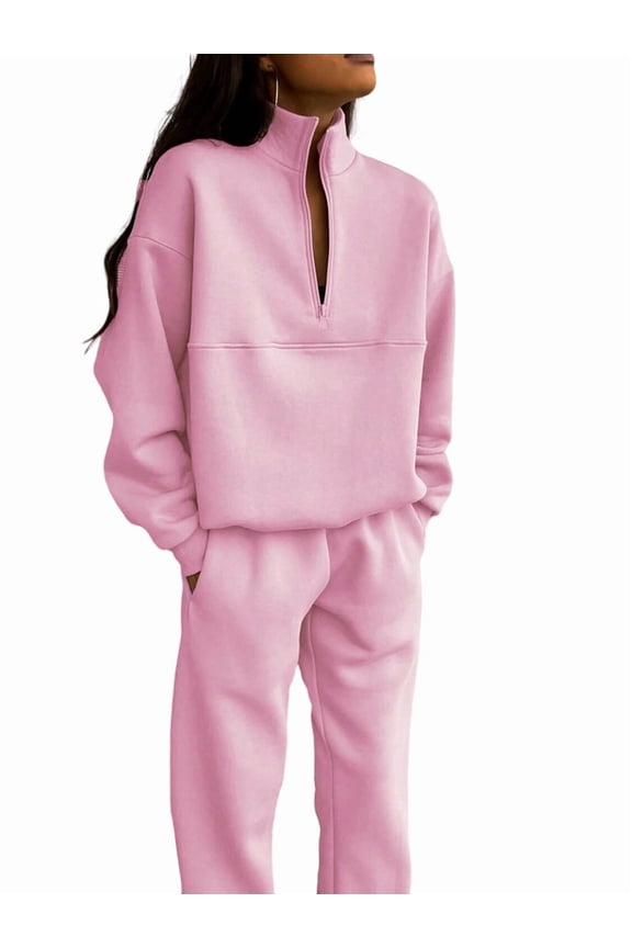 Women 2 Piece Outfits Fall Fashion Airport Wide Leg Pants Lounge Set Leisure Travel Vacation Sweatsuits Pink L
